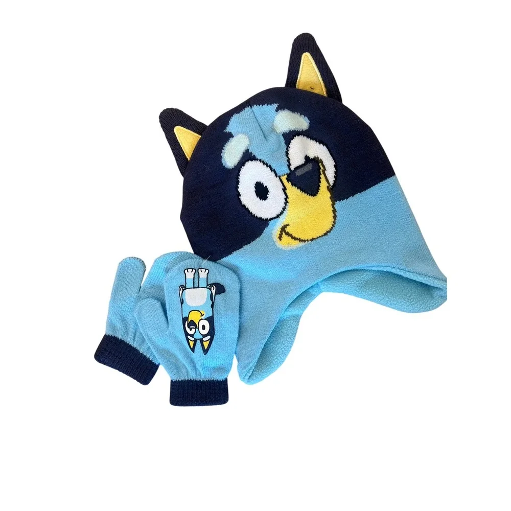 NWOT Bluey Beanie + Mitten Set Kids OS Blue Character Knit Fleece Lined Tv Show